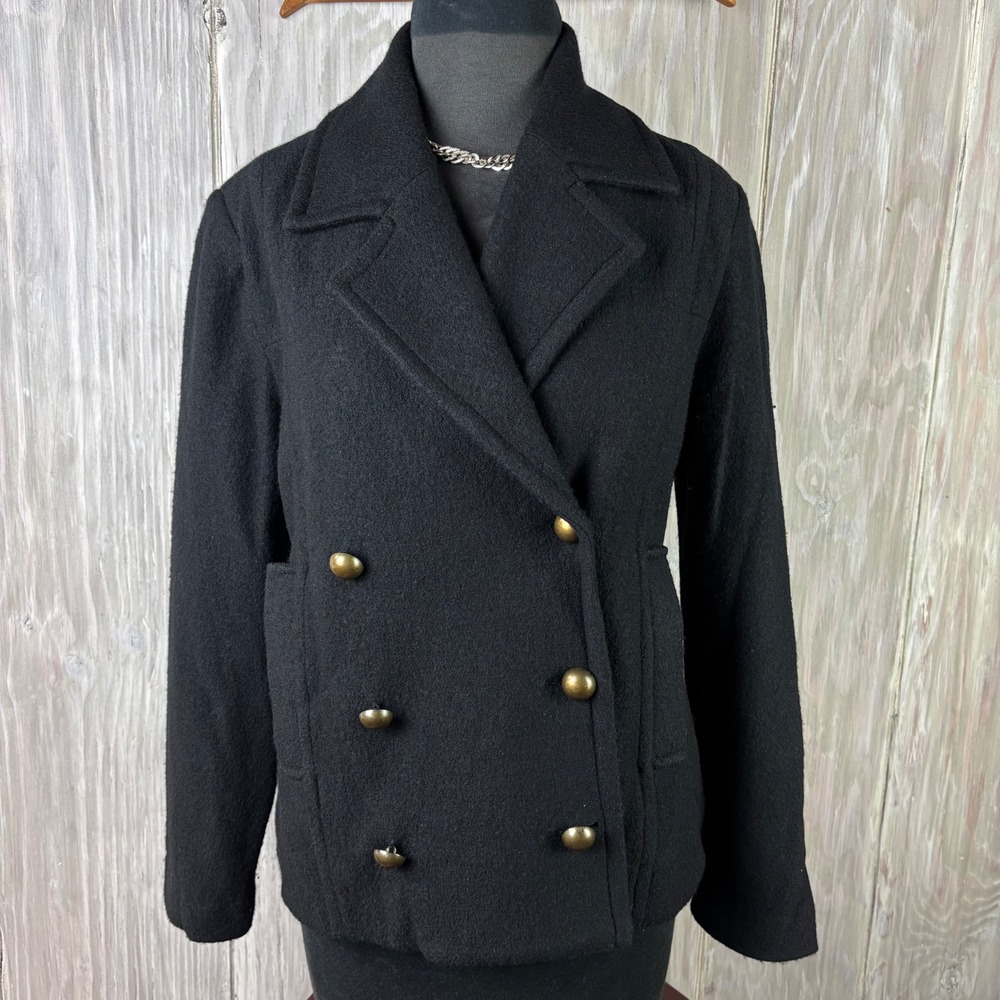 Joie Black Double Breasted Wool Blend Pea Coat Jacket Size S Quiet Luxury Chic